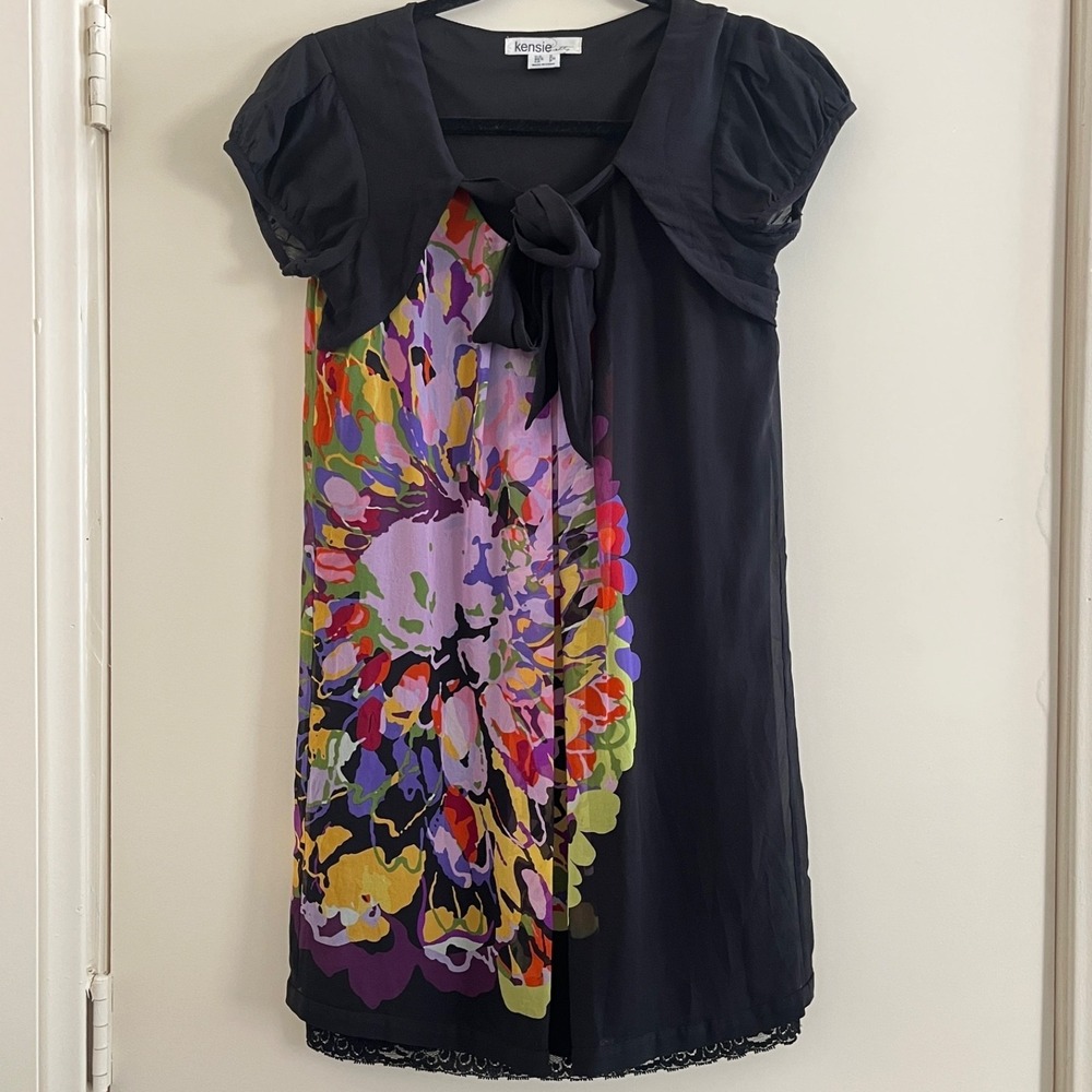 Kensie Silk Shift Floral Colorblock Mini Dress Small Black Tie‎ Front Lace Trim